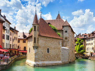 Medieval castle on the canal in the French city of Annecy resort. Department of Upper Savoy. France.