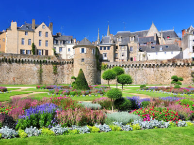 The walls of the ancient town and the gardens in Vannes. Brittany Northern France.